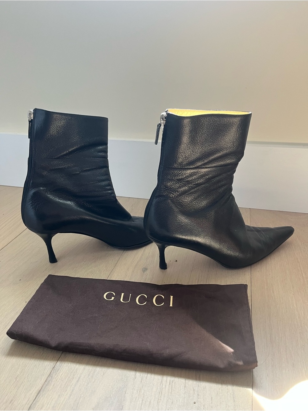 Gucci Black Leather Pointed Kitten-Heel Ankle Boots